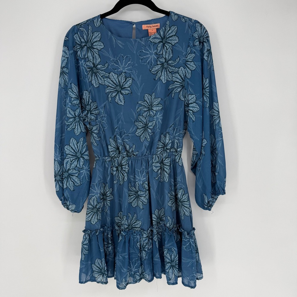 FLYING TOMATO BLUE FLORAL MINI DRESS CHIFFON SMALL BUBBLE SLEEVE
